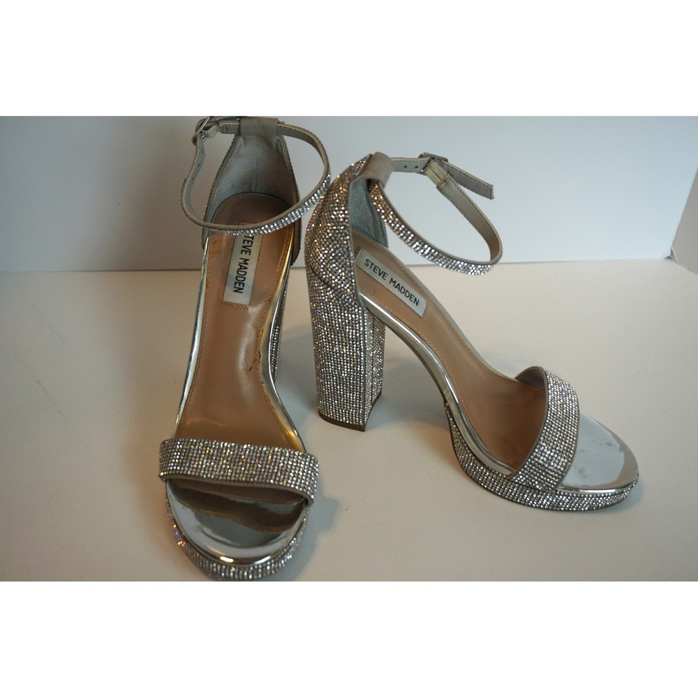 Steve Madden Carrson-R Silver Rhinestone Block Heel Sandals Platform Ankle Strap